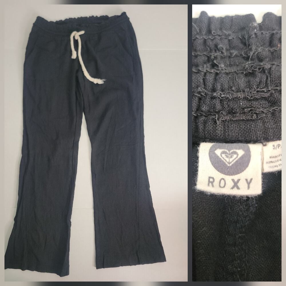 Roxy Linen Blend Pants Womens Sz S Mid Rise Straight Drawstring Pockets Relaxed